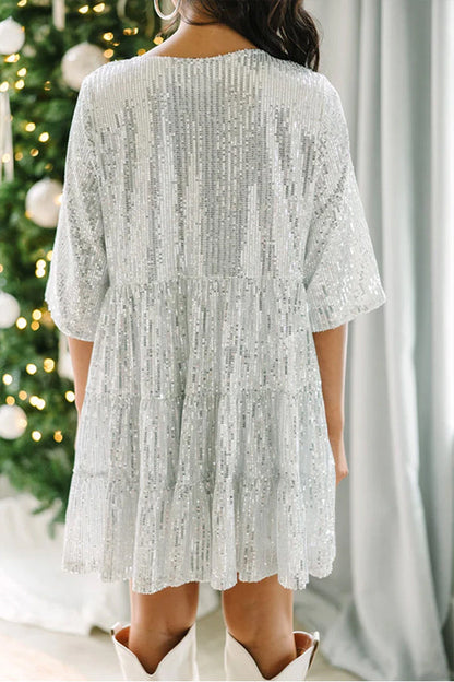 Silvery Party Sequin Half Sleeve Round Neck Mini Dress