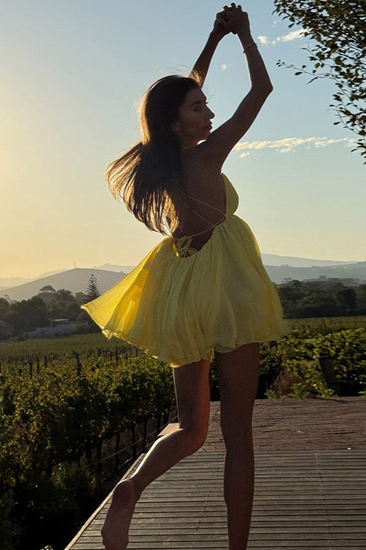 Deep V-Neck Empire Waist Tiered Chiffon Flare Cami Mini Dress