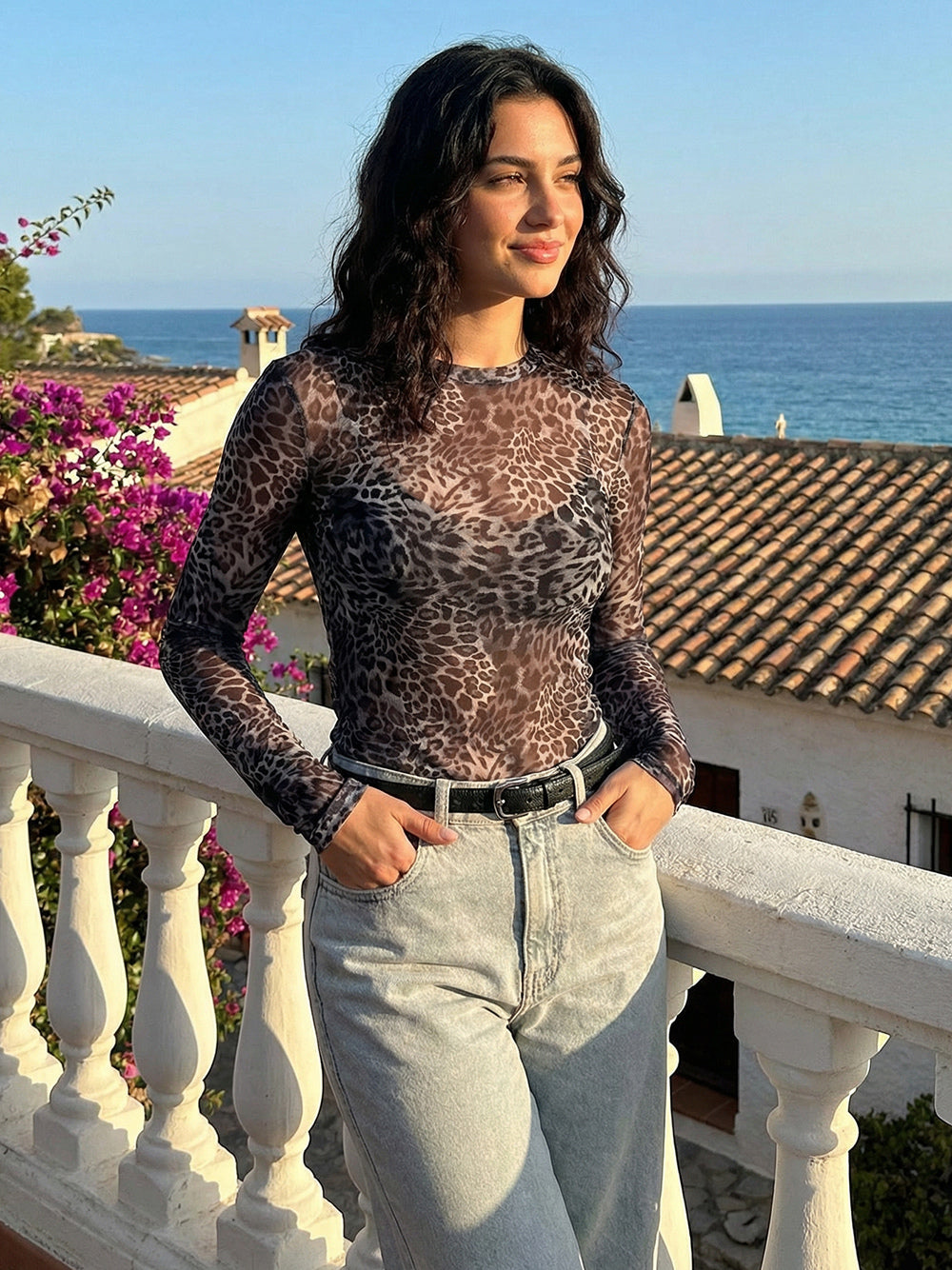 Leopard Print Long Sleeve Mesh Slim Fit Crew Neck Top For Women 2026