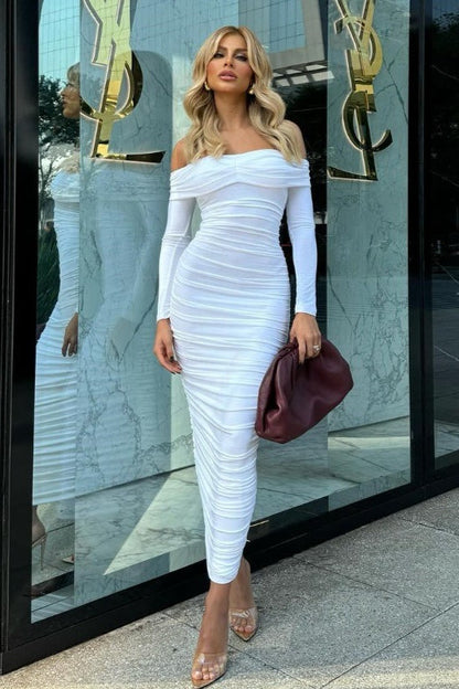 Solid Color Off-Shoulder Ruched Long Sleeve Maxi Dress