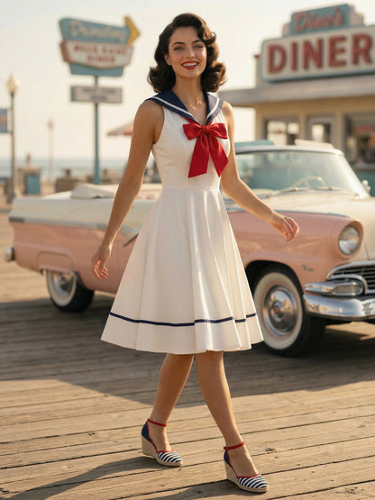 Sailor Collar Bow Knot Sleeveless Retro Swing A-Line Dress For Women 2026