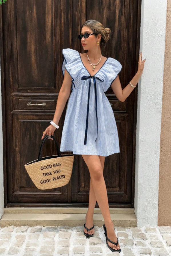 Pinstripe V-Neck Ruffle Flounce Collar Flutter Sleeve Ribbon Bow Mini Dress