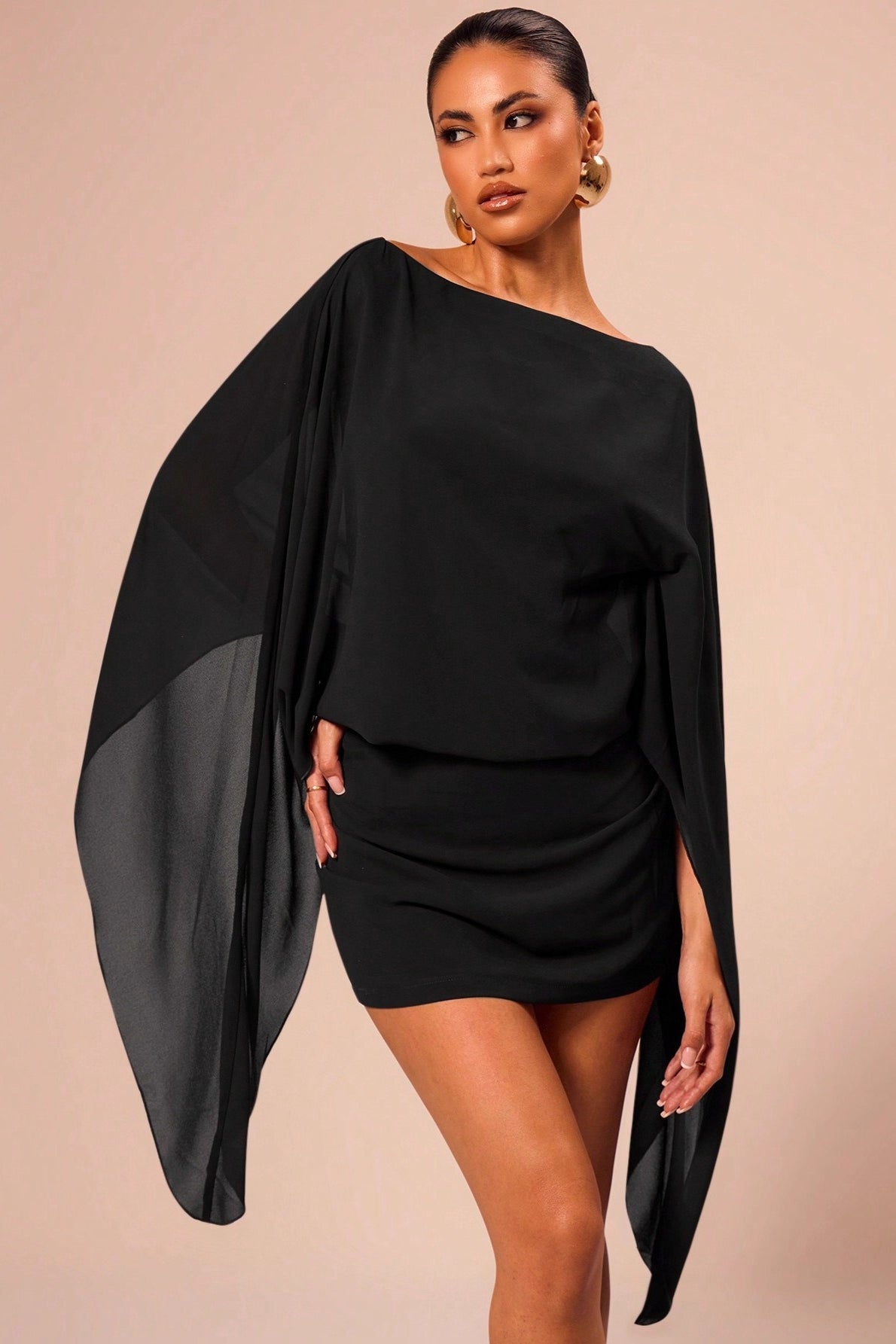 Boat Neck Sheer Batwing Cape Sleeve Draped Blouson Bodycon Mini Dress