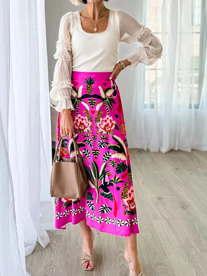 Printed A-Line Skirt Plants Flowers Zipper Spring Summer Fashion Skirt