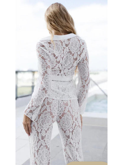 Lace Pocket Shirt & Wide Leg Pants Coord Set with Belt