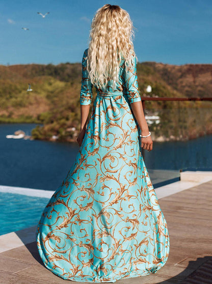 Women Maxi Dress Printed Half Sleeves Split Floor Length Wrap Dress