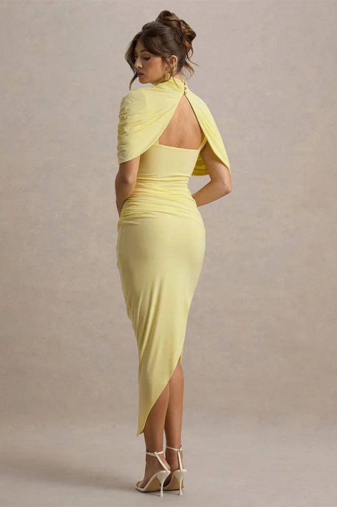 Mock Neck Crossover Ruched Draped Shoulder Wrap Bodycon Midi Dress