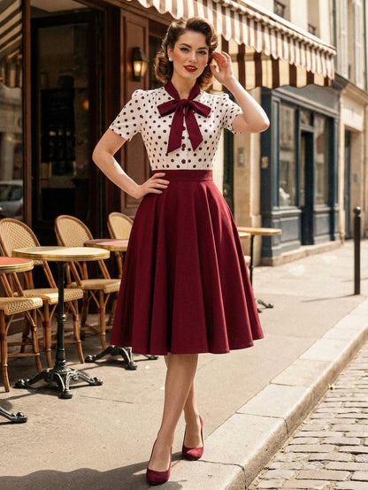 Polka Dot Patchwork Bow Tie Neck Short Sleeve Retro Swing Dress For Women 2026