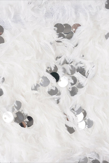 White Sequin Faux Fur Bustier Crop Top