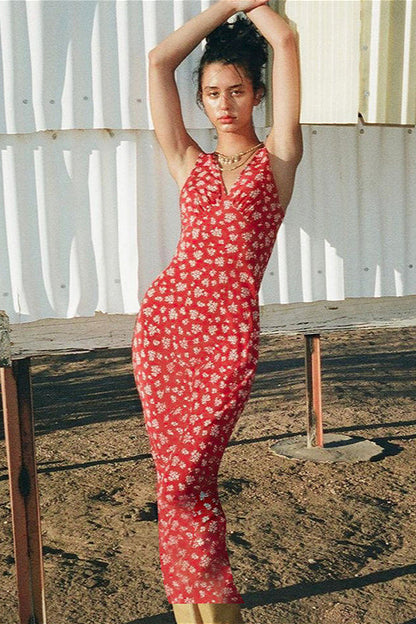 Plunging V Cami Sleeveless Floral Dress