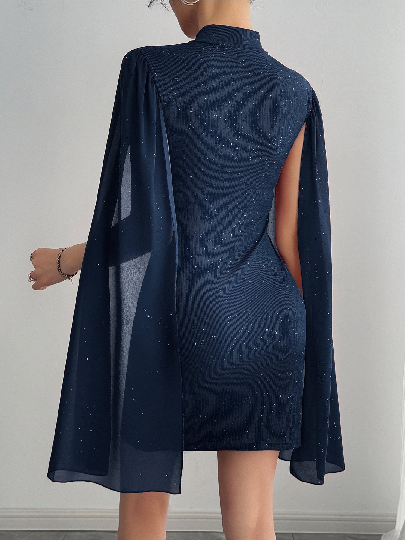 Mock Neck Sheer Cape Sleeve Glitter Ribbed Knit Bodycon Mini Dress