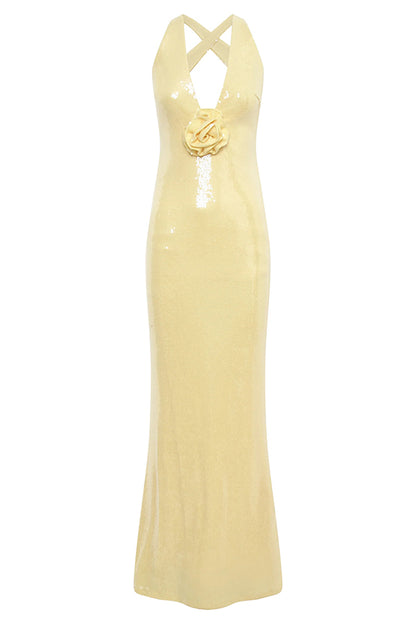 Sicilian Rose Sequin Three-dimensional Floral Sexy Backless Maxi Dress