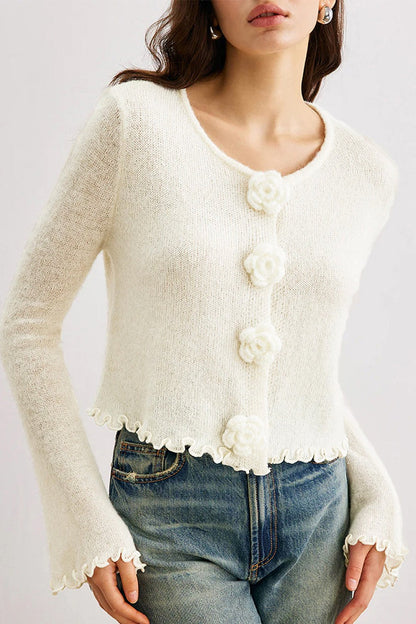 Slim-Fit 3D Floral Ruffled Pullover Knit Cardigan
