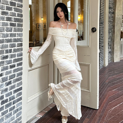 Long flared sleeve off shoulder lace ruffle maxi dress
