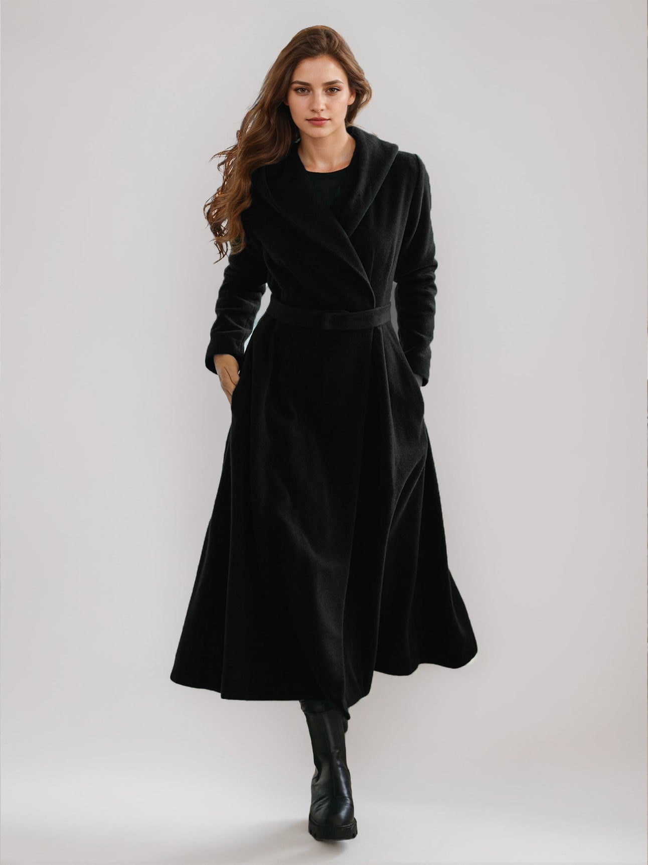 Woolen Flared Coat With Hood Vintage Belted A-line Winter Long Outerwear For Women 2026