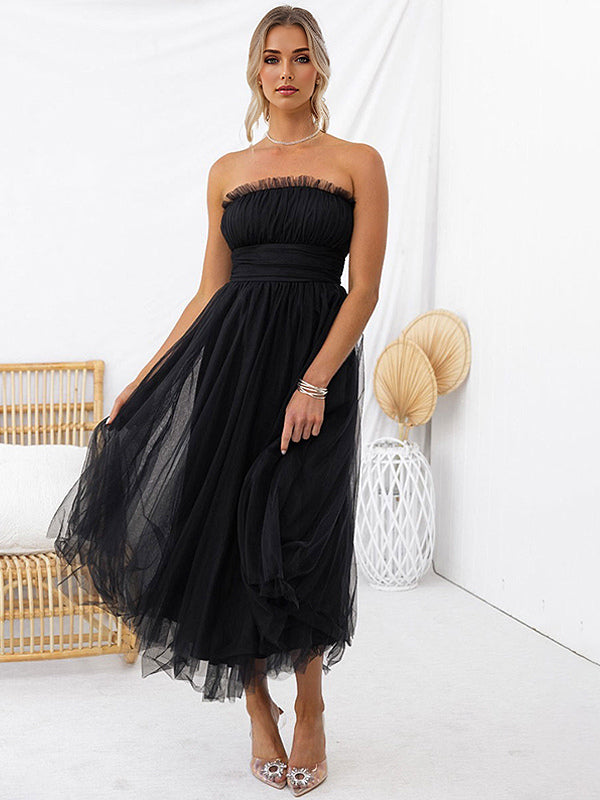 Tulle Dresses Strapless Pleated Off The Shoulder Layered Prom Midi Dress