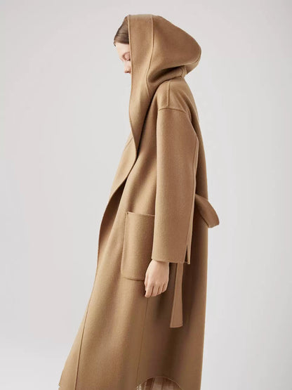 Wool Cashmere Blend Wrap Coat With Hood Double-Faced Camel Belted Winter Outerwear For Women 2026