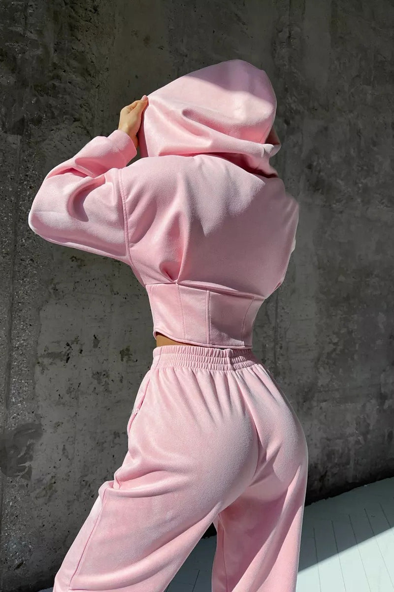 Hooded Drawstring Two Piece Pants Set