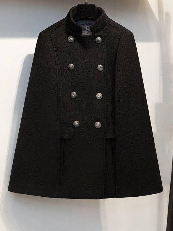 Woolen Poncho Coat Stand Collar Double Breasted Women Cape Outerwear