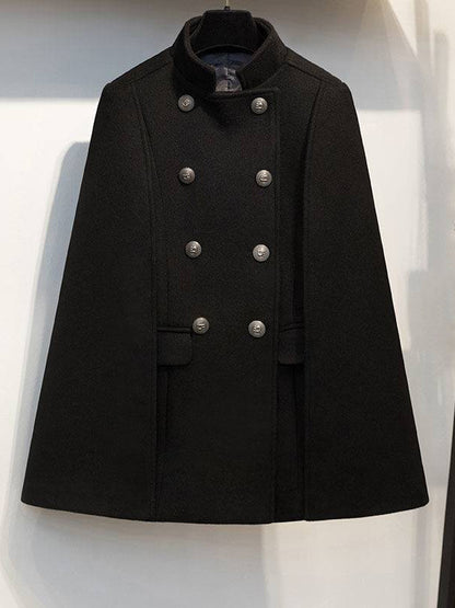 Woolen Poncho Coat Stand Collar Double Breasted Women Cape Outerwear