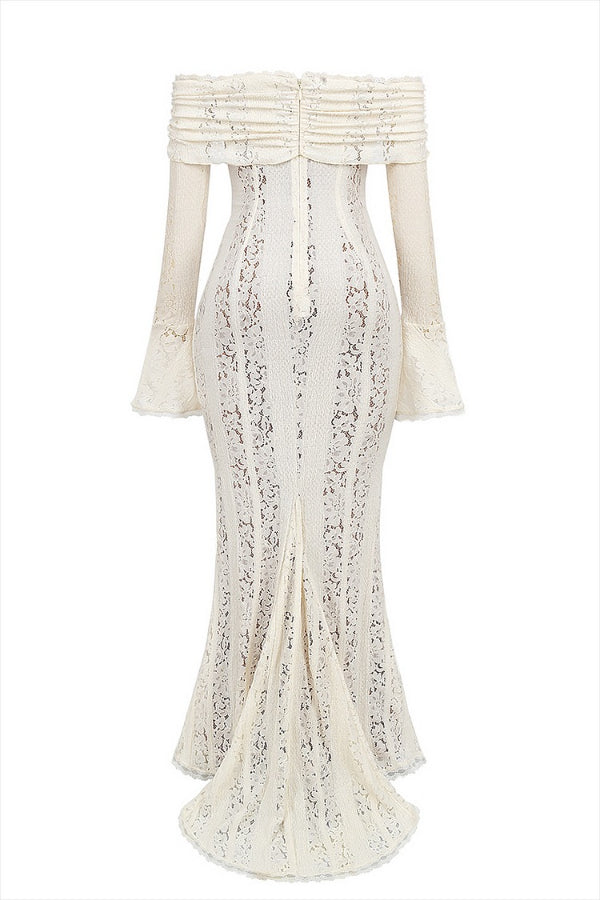 Floral Lace Off Shoulder Flare Sleeve Fishtail Maxi Dresses-White