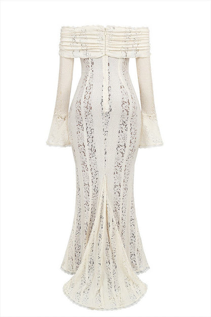 Floral Lace Off Shoulder Flare Sleeve Fishtail Maxi Dresses-White