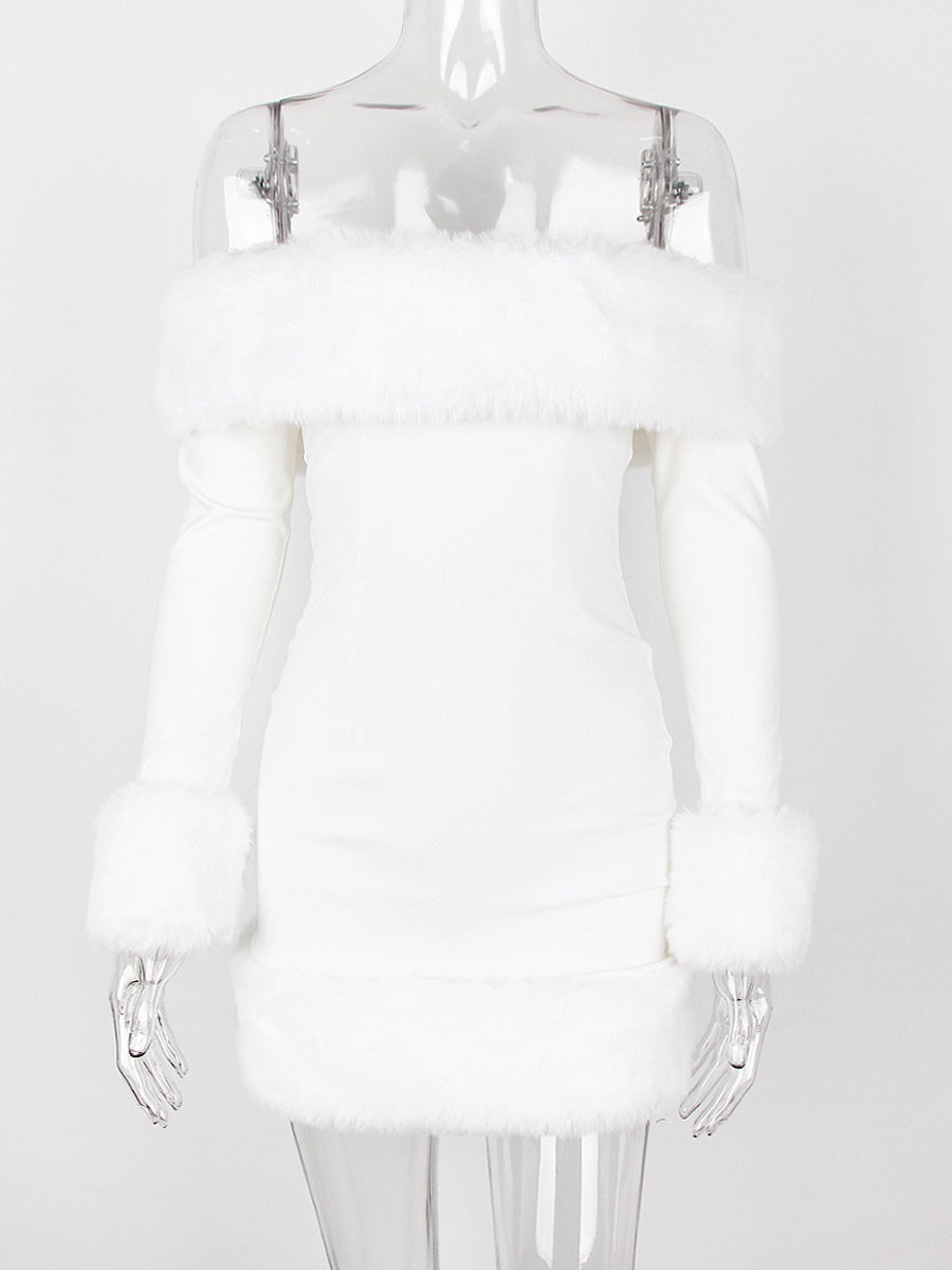 Faux Fur Trim Mini Dress Off The Shoulder Sexy Birthday Party Dresses