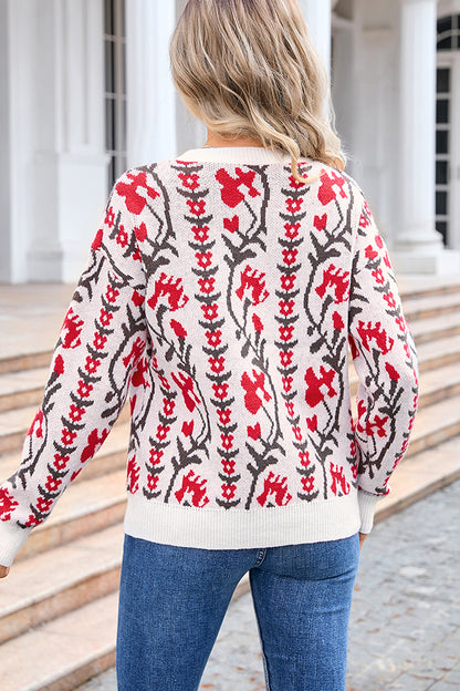 Fashionable Floral Knitted Crew Neck Casual Sweater