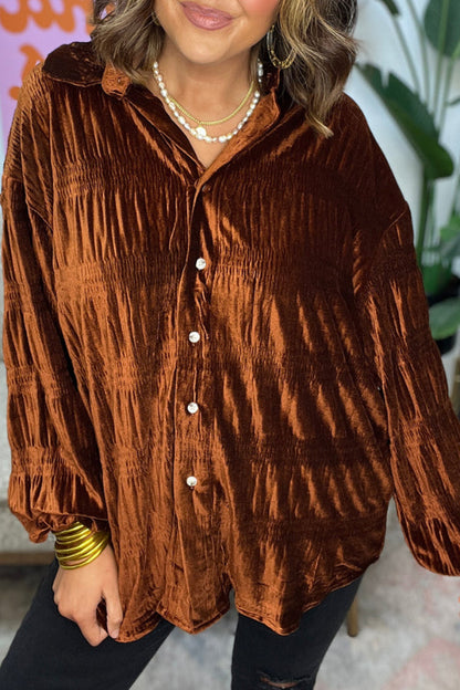 WOMEN'S SHIRRED VELVET BUTTON DOWN TOP
