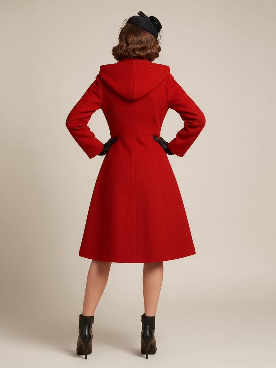 Vintage Hooded A-line Double-breasted Woolen Midi Coat For Women 2026