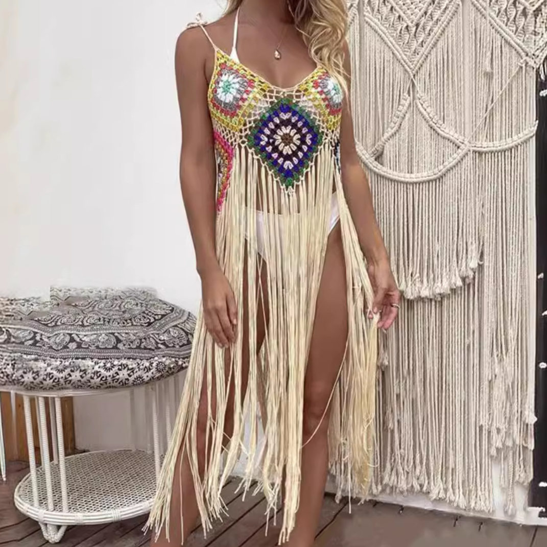 V neck tassels knitted hollow out cami cut out top