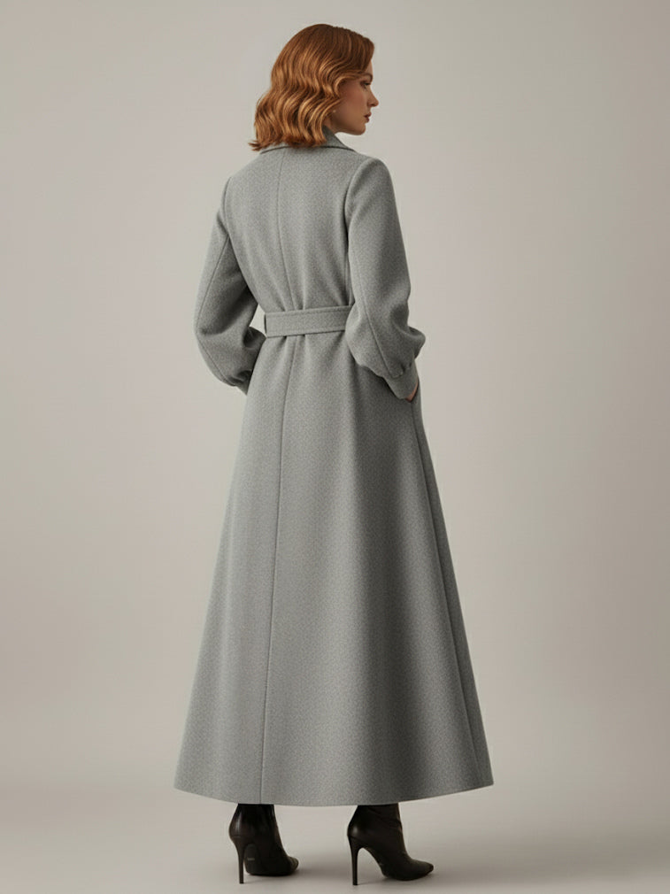Belted Double-Breasted Woolen Full-Length Coat With Balloon Sleeves For Women 2026