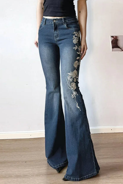 Vintage Plant Embroidered Bootcut Jeans