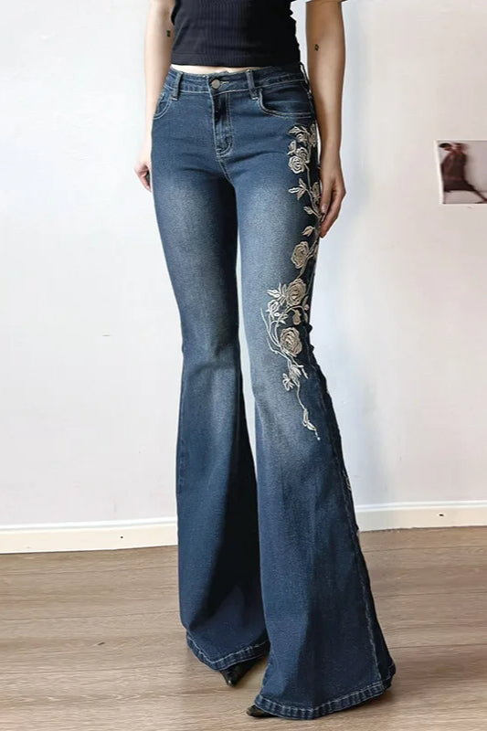 Vintage Plant Embroidered Bootcut Jeans