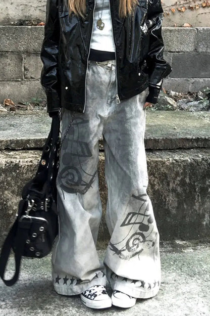 Music Note Print Vintage Jeans