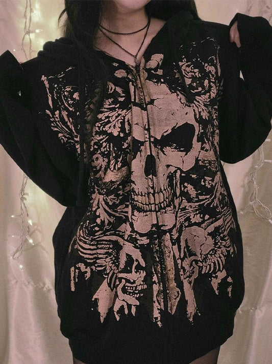 Black Vintage Skull Print Zip Up Oversized Hoodie