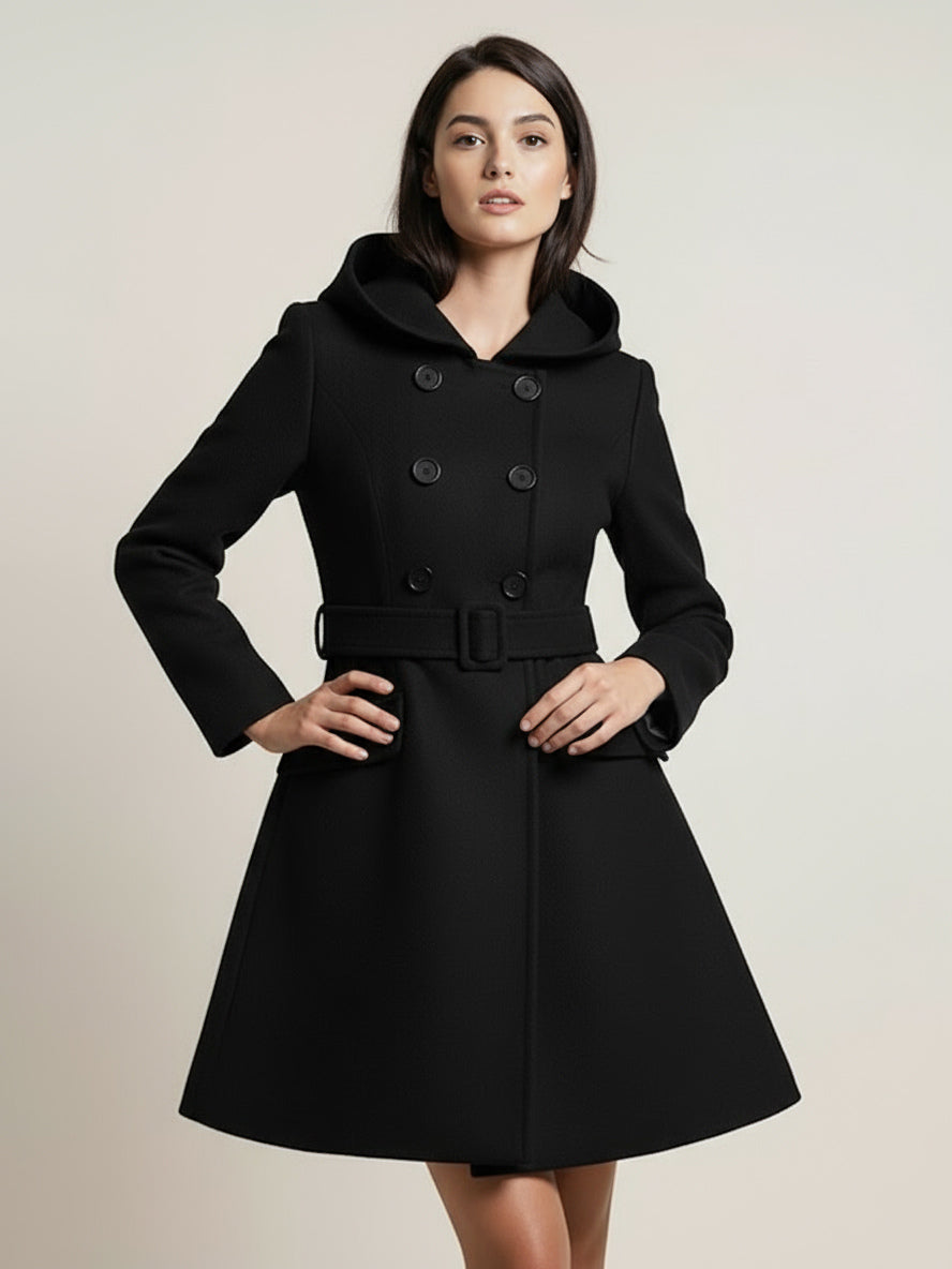 Hooded A-Line Midi Coat With Double-Breasted Design And Belt For Women 2026