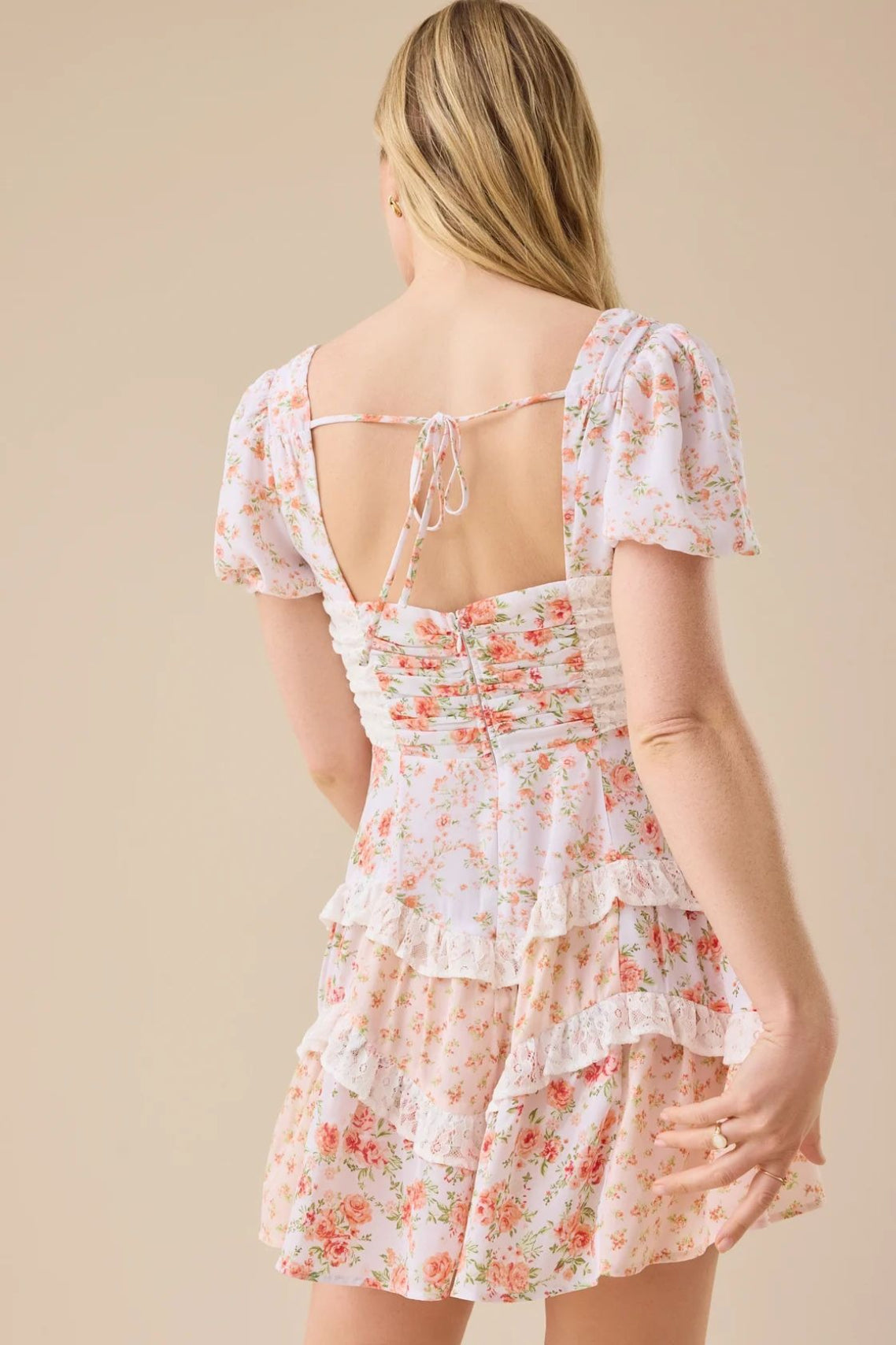 Floral Print Puff Sleeve Lace Smocked Waist Tiered Ruffle Mini Dress