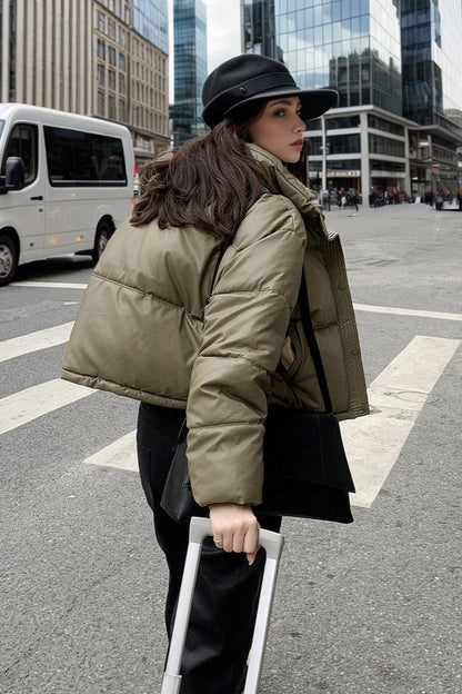 Cropped Faux Leather Insulated Puffer Jacket