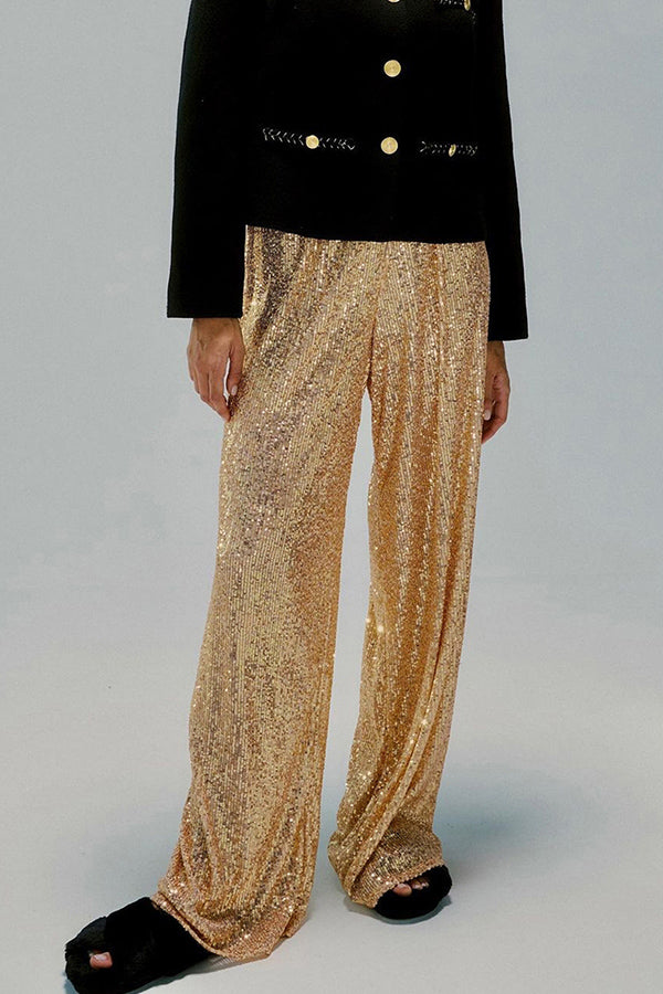 Solid color sequined fashionable casual straight pants