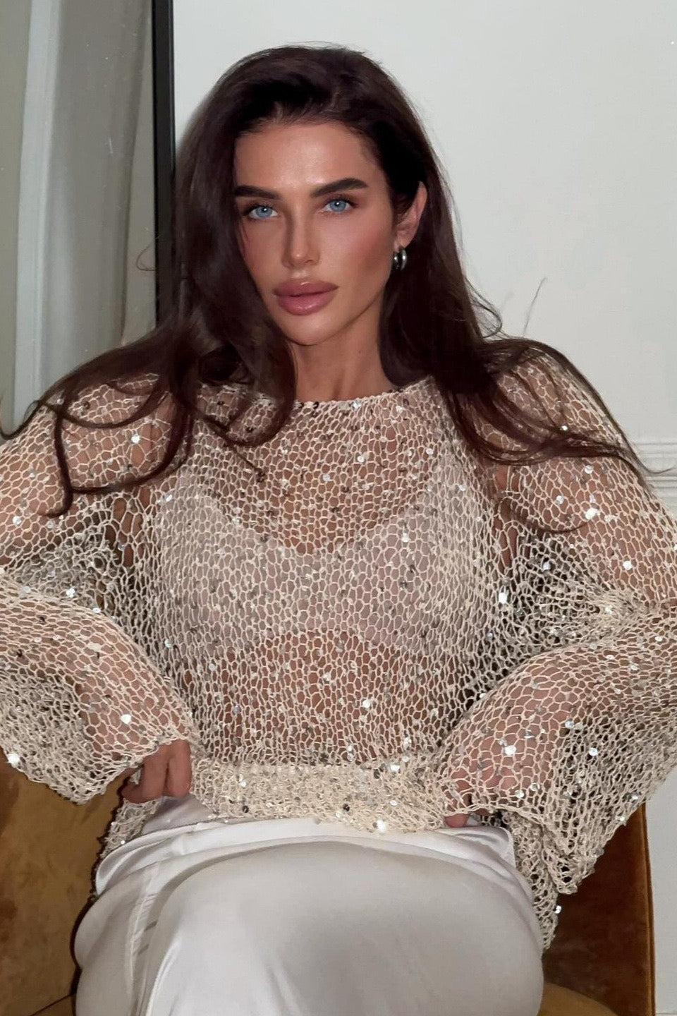 Sequin Trim Long Sleeve Knit Mesh Top