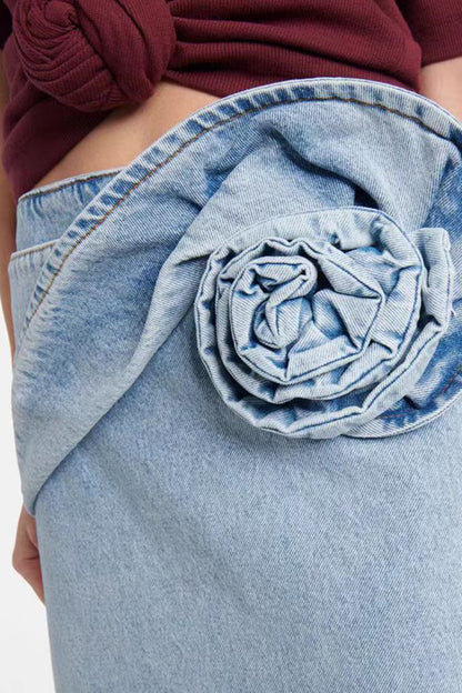 Vintage Ruched Rose Denim Skirt