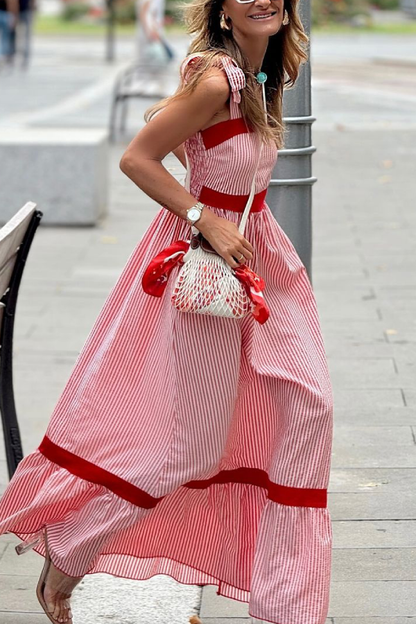 Red and White Vertical Striped Bow Strap Long Dress