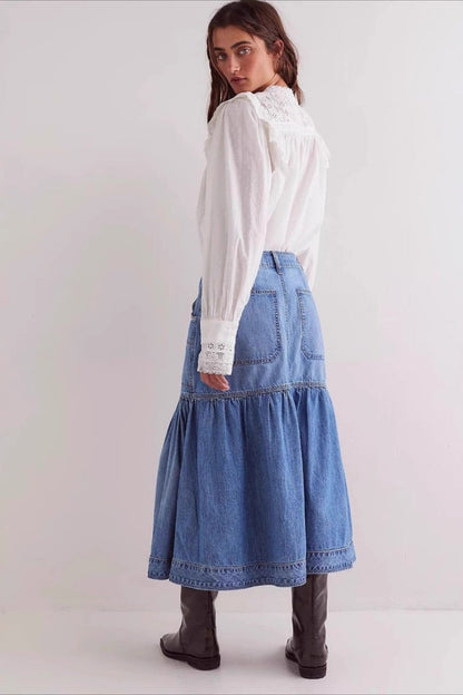 High-Waist Denim A-Line Skirt