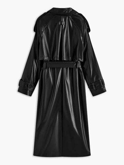 Belted Faux Leather Long Jacket