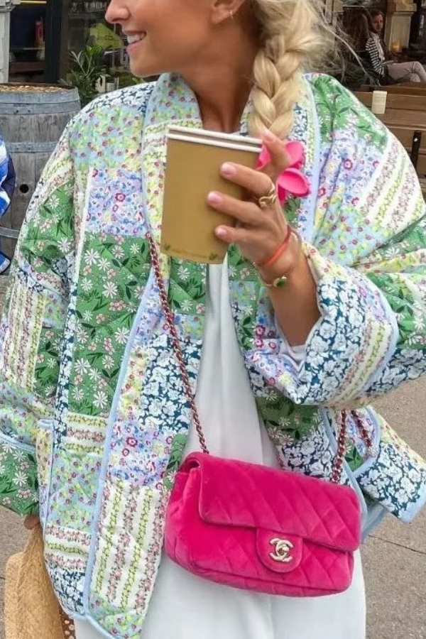 Printed Quilted Short Contrast Color Cotton Coat