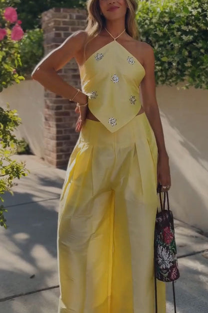 Jamie Satin Sparkling Flowers Halter Backless Tank and High Rise Pocket Wide Leg Pants Set