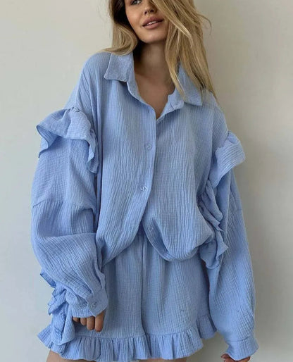 Blue Cotton Lapel Ruffled Shirt Office Two Piece Set