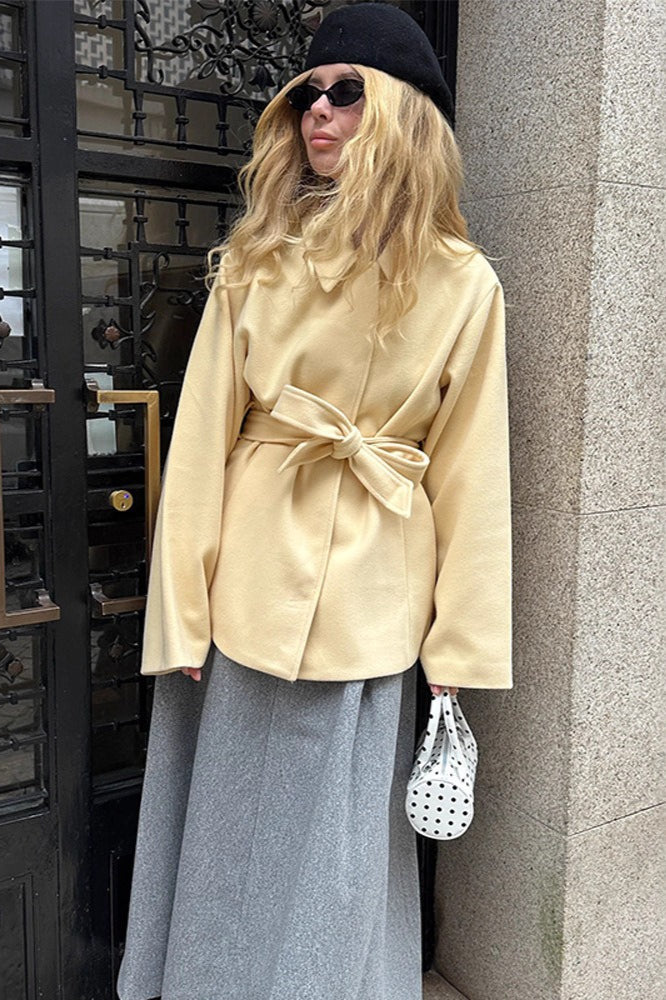 Solid Color Belted Midi Wool Blend Coat