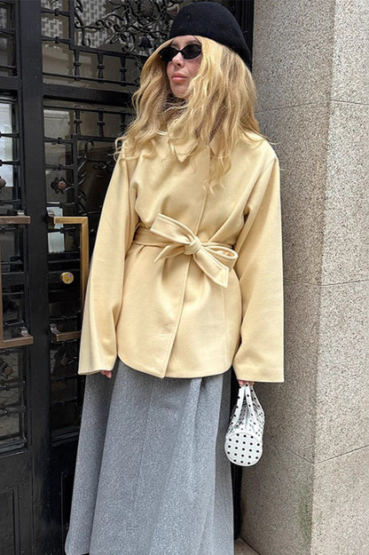 Solid Color Belted Midi Wool Blend Coat